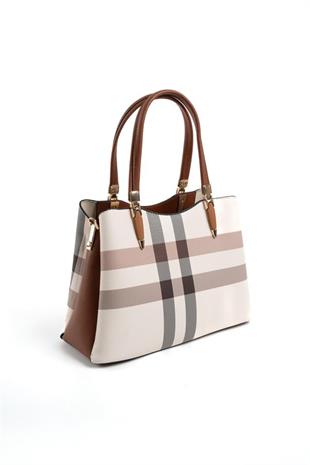 Silver & Polo SP1205 Kadın El Çantası Ekose Krem-Taba