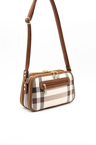 Silver & Polo SP899 Kadın Çapraz Çanta Ekose Krem-Taba