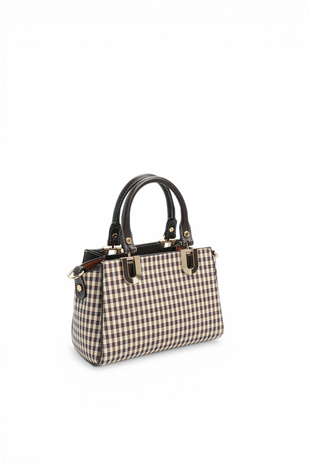 Silver & Polo SP1281 Kadın El Çantası Ekose Line Kare Kahve Sarı-Kahve