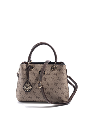 Silver & Polo SP1272 Kadın El Çantası Monogram Koyu Bej-Kahve