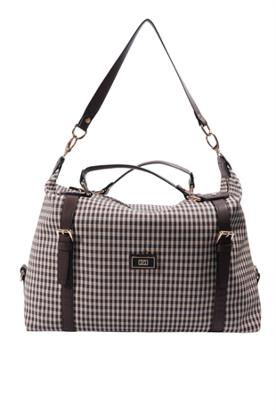 Silver & Polo SP1064 Kadın Seyahat Çantası Ekose Line Kare Kahve Sarı-Kahve