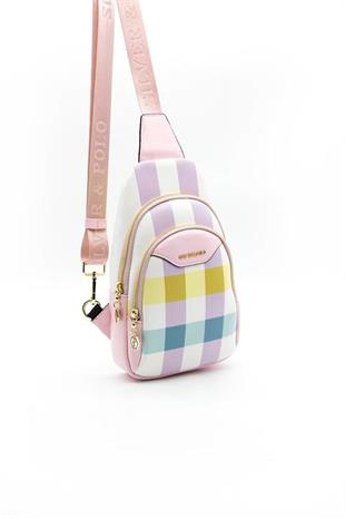 Silver Polo SP959 Kadın Vücut Çantası Ekose Lila-Pembe