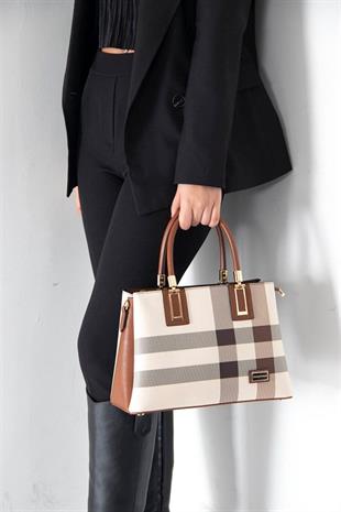 Silver & Polo SP1000 Kadın El Çantası Ekose Krem-Taba