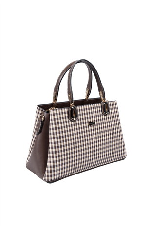 Silver & Polo SP1253 Kadın El Çantası Ekose Line Kare Kahve Sarı-Kahve
