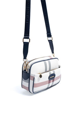 Silver & Polo SP1267 Kadın Çapraz Çanta Ekose Beyaz-Lacivert