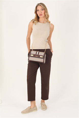 Silver & Polo SP1139 Kadın Çapraz Çanta Ekose Line Kare Kahve Sarı-Kahve