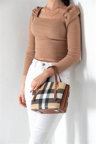 Silver & Polo SP1021 Kadın El Çantası Ekose Bej-Taba