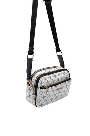Silver Polo Beyaz - Siyah Monogram Kadın Çapraz Çanta SP1162