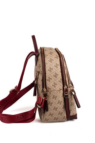 Silver & Polo SP1265 Kadın Sırt Çantası Monogram Koyu Bej-Bordo