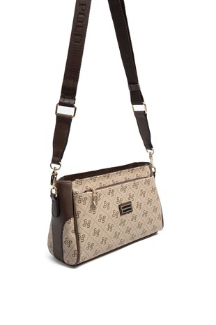 Silver & Polo SP1273 Kadın Çapraz Çanta Monogram Koyu Bej-Kahve