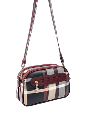 Silver & Polo SP745 Kadın Çapraz Çanta Ekose Siyah-Bordo