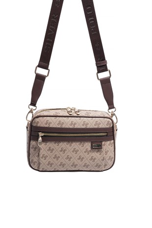 Silver & Polo SP1280 Kadın Çapraz Çanta Monogram Koyu Bej-Kahve