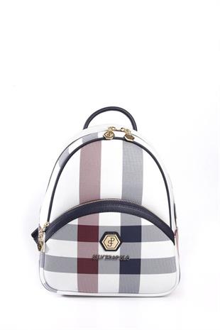 Silver & Polo SP945 Kadın Sırt Çantası Ekose Beyaz-Lacivert