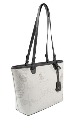 Silver Polo SP1204 Kadın Omuz Çantası Harita Beyaz-Antrasit