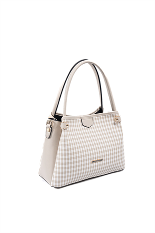 Silver & Polo SP1254 Kadın El Çantası Ekose Line Kare Kum Beji-Kum