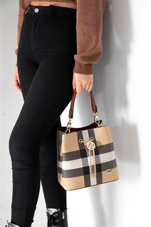 Silver & Polo SP967 Kadın Çapraz Çanta Ekose Bej-Taba