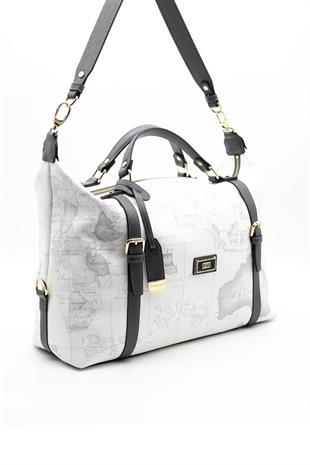 Silver & Polo SP1064 Kadın Seyahat Çantası Harita Beyaz-Antrasit