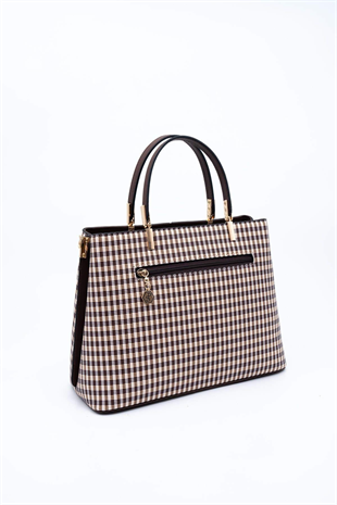 Silver & Polo SP924 Kadın El Çantası Ekose Line Kare Kahve Sarı-Kahve