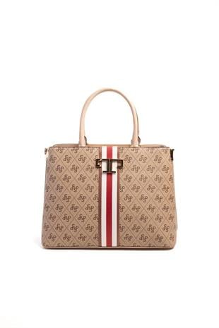 Silver & Polo SP924 Kadın El Çantası Şeritli Monogram Koyu Bej-Ten