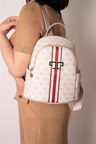 Silver & Polo SP1161 Kadın Sırt Çantası Şeritli Monogram Bej-Kum