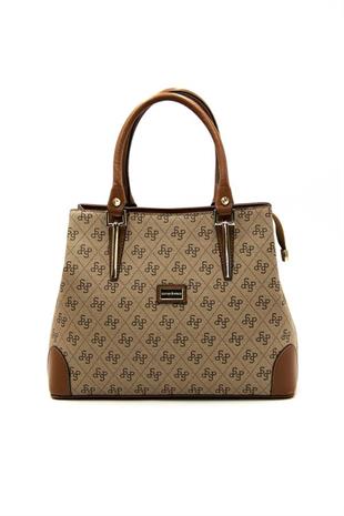Silver & Polo SP667 Kadın El Çantası Monogram Koyu Bej-Taba