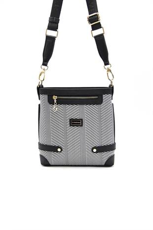 Silver & Polo SP1120 Kadın Çapraz Çanta Hasır Siyah Beyaz-Siyah