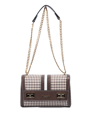 Silver & Polo SP1139 Kadın Çapraz Çanta Ekose Line Kare Kahve Sarı-Kahve