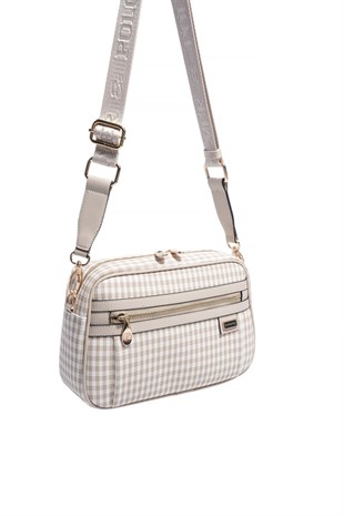 Silver & Polo SP1280 Kadın Çapraz Çanta Ekose Line Kare Kum Beji-Kum Beji