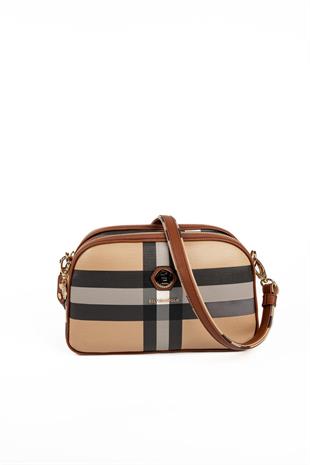 Silver & Polo SP745 Kadın Çapraz Çanta Ekose Bej-Taba