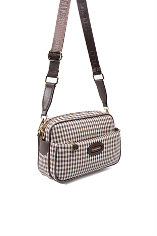 Silver & Polo SP1267 Kadın Çapraz Çanta Ekose Line Kare Kahve Sarı-Kahve