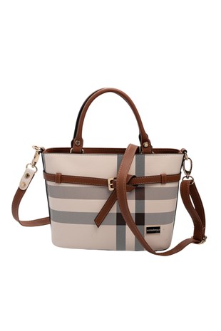 Silver Polo Krem - Taba Ekose Kadın El Çantası SP1283