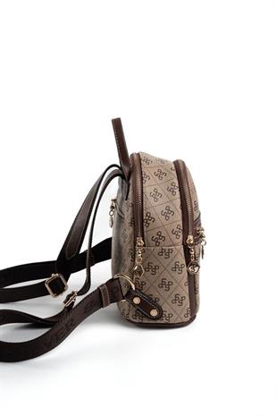 Silver & Polo SP983 Kadın Sırt Çantası Monogram Koyubej-Kahve