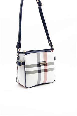 Silver & Polo SP884 Kadın Çapraz Çanta Ekose Beyaz-Lacivert