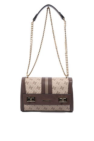 Silver & Polo SP1139 Kadın Çapraz Çanta Monogram Koyu Bej-Kahve