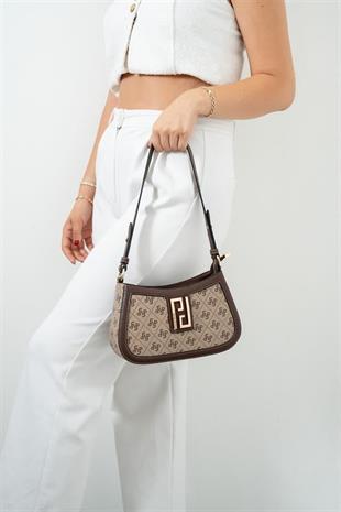 Silver & Polo SP1132 Kadın Çapraz Çanta Monogram Koyubej-Kahve