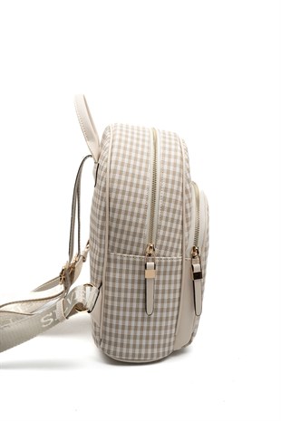 Silver & Polo SP1062 Kadın Sırt Çantası Ekose Line Kare Kum Beji-Kum Beji