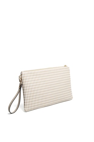 Silver & Polo SP1034 Kadın Portföy & Clutch Ekose Line Kare Kum Beji-Kum Beji