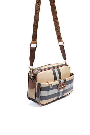 Silver & Polo SP1267 Kadın Çapraz Çanta Ekose Bej-Taba