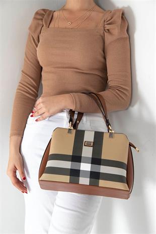 Silver & Polo SP972 Kadın El Çantası Ekose Bej-Taba