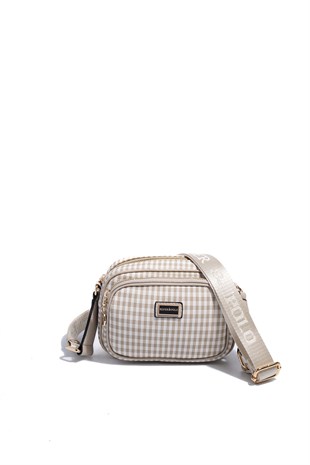 Silver & Polo SP1111 Kadın Çapraz Çanta Ekose Line Kare Kum Beji