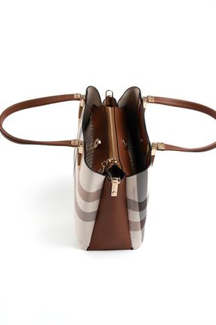 Silver & Polo SP1205 Kadın El Çantası Ekose Krem-Taba