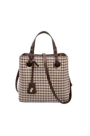 Silver & Polo SP975 Kadın El Çantası Ekose Line Kare Kahve Sarı-Kahve