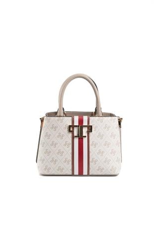 Silver & Polo SP987 Kadın El Çantası Şeritli Monogram Bej-Kum