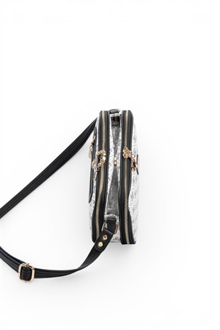 Silver Polo Beyaz - Siyah Monogram Kadın Çapraz Çanta SP899
