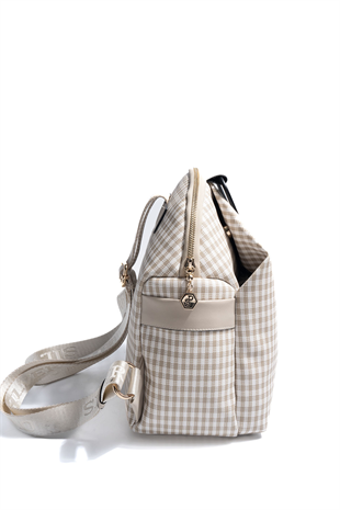 Silver & Polo SP771 Kadın Sırt Çantası Ekose Line Kare Kum Beji