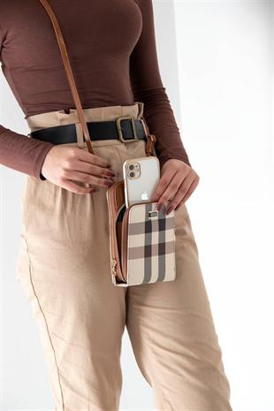 Silver Polo Krem - Taba Ekose Kadın Telefon Çantası SP1011