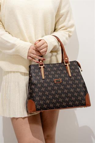 Silver & Polo SP667 Kadın El Çantası Monogram Kahve Sarı-Taba