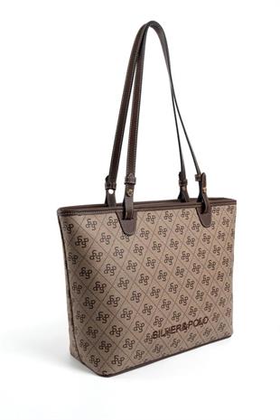 Silver Polo SP1204 Kadın Omuz Çantası Monogram Koyubej-Kahve