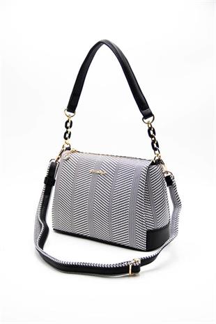 Silver & Polo SP910 Kadın Çapraz Çanta Hasır Siyah Beyaz-Siyah