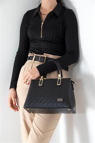 Silver & Polo SP1000 Kadın El Çantası Logolu Siyah-Siyah